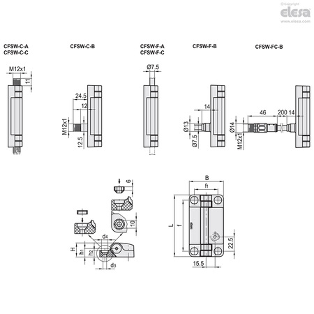 Elesa Hinges with built-in safety switch, CFSW.110-6-2NO+2NC-F-A-5 CFSW.